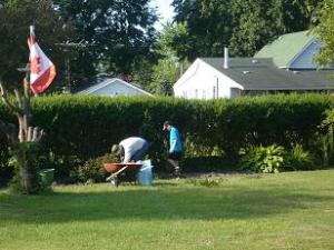 My Grandson and I digging out Shasta Daisies, Evening Primrose and weeds