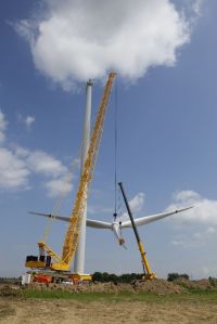 One of the towers being erected at one of the wind farms I worked.